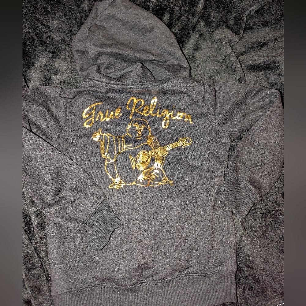 True Religion Kids Sz6 Black & Gold Zip up Hoodie With Buddha